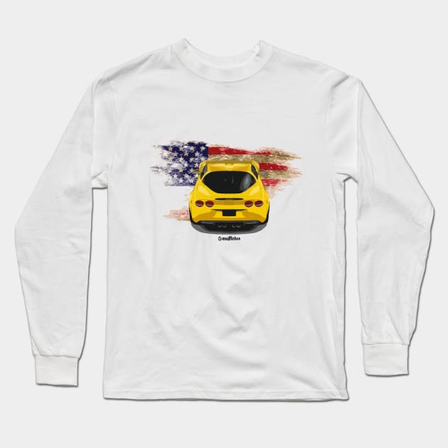 Yellow Corvette C6 & Amercan Flag Long Sleeve T-Shirt by mufflebox